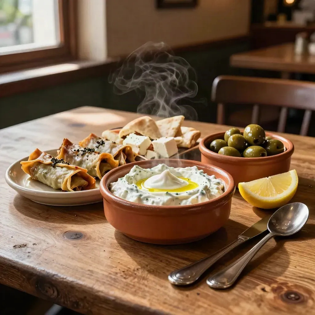 Mezze-Platte mit Tzatziki, Dolmades, Feta, Oliven, Pita und Zitronen im warmen Tavernenlicht.