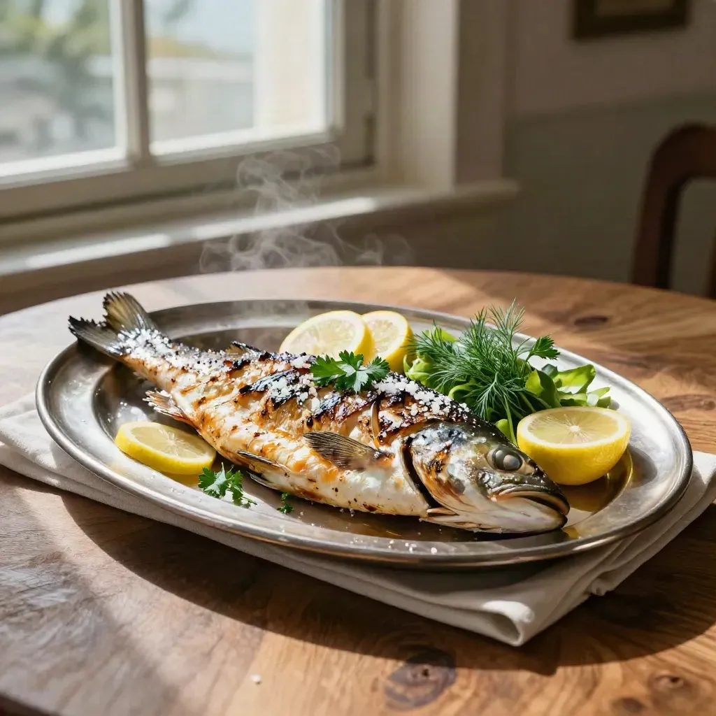 Gegrillter Fisch auf Silberplatte mit Zitrone, Kräutern und Salat auf warmem Holztisch.