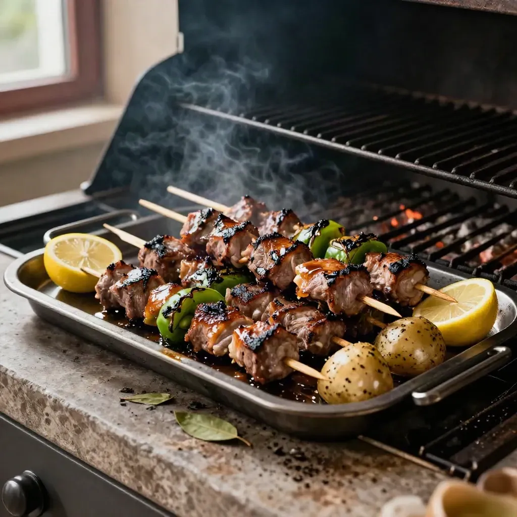 Souvlaki-Spieße mit Grillgemüse, Zitronen und Kartoffeln frisch vom offenen Grill