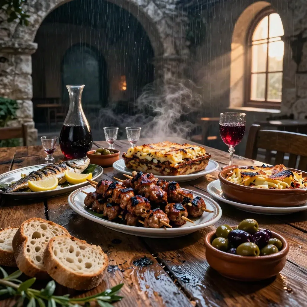 Griechische Tavernenplatte mit Mezze, Souvlaki, Moussaka, Fisch und Wein im dramatischen Licht