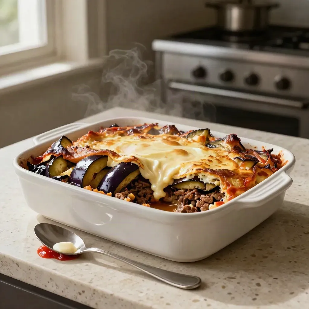 Überbackene Moussaka im Keramikofenform, dazu Auberginenhälften und Béchamel auf Stein.