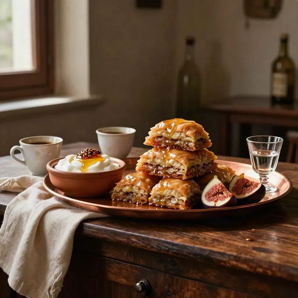 Baklava, Joghurt, Feigen und Ouzo auf dunklem Holz im stimmungsvollen Tavernelicht.