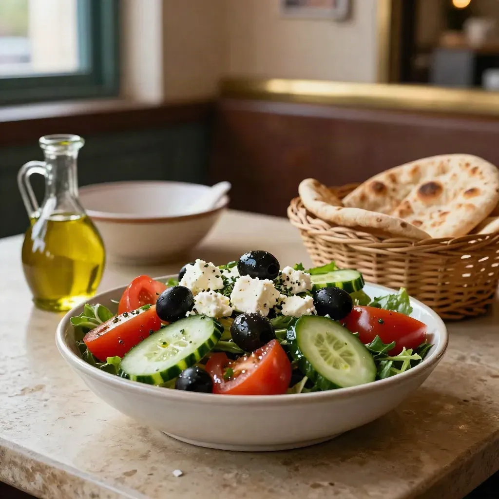 Salat mit Tomaten, Gurke, Feta, Oliven und Fladenbrot in einer griechischen Taverne