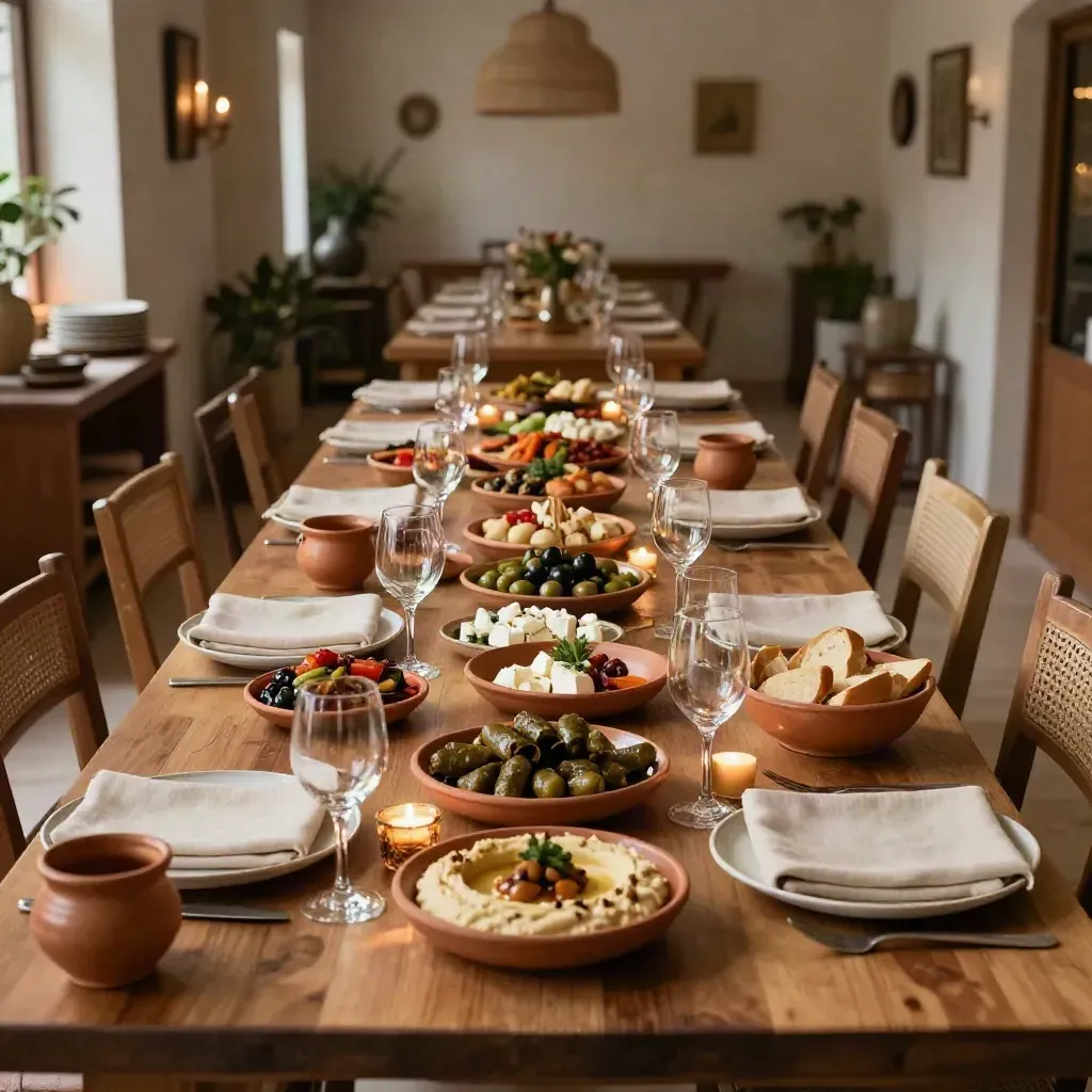 Langer festlich gedeckter Mezze-Tisch in privatem Raum, Kerzen und warmes Licht.