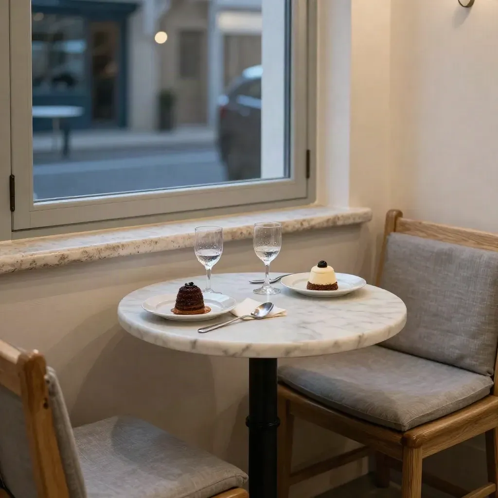 Zwei Ouzo-Gläser und Desserts an zwei Fensterplätzen in ruhiger Taverne.