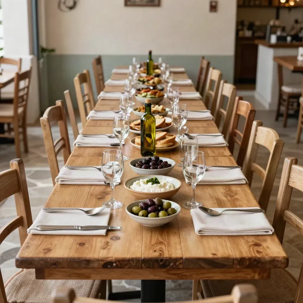 Leer gedeckter griechischer Tisch für zwölf mit Meze, Wein und Wasser im warmen Licht.