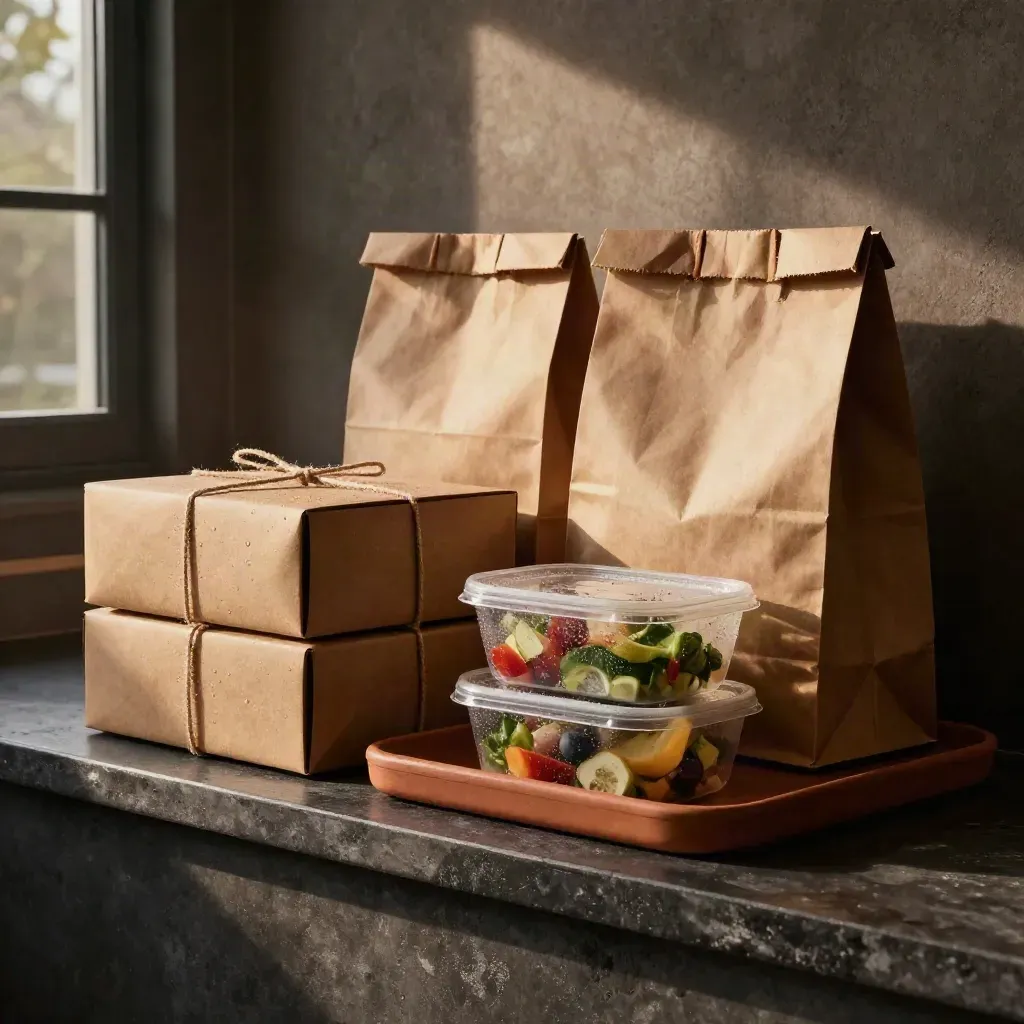 Takeaway-Pakete und Salatschale am Abholregal im düsteren Licht
