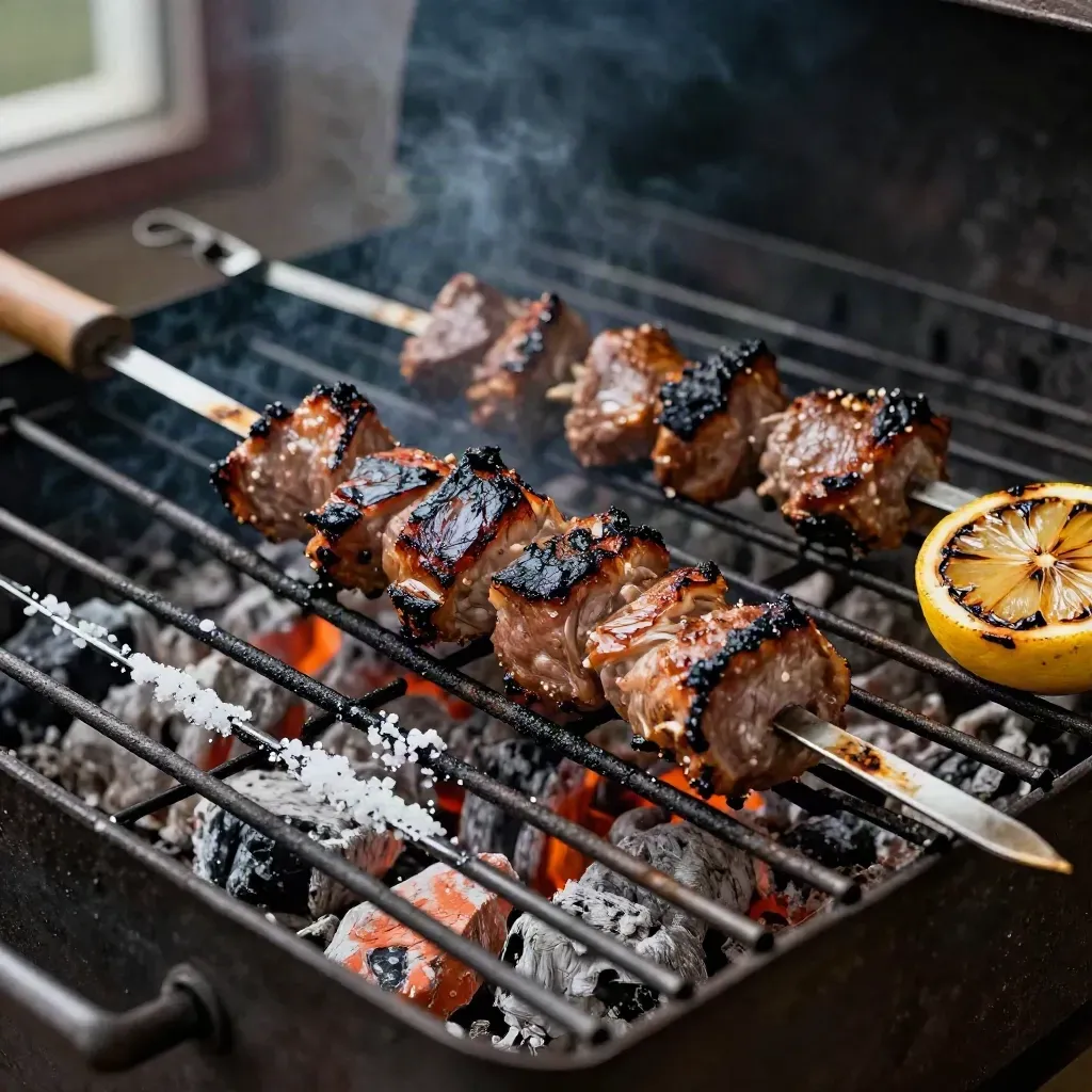 Nahaufnahme eines Grillrosts mit Spießen, Zange, Salzkruste, verkohlter Zitrone und Rauch