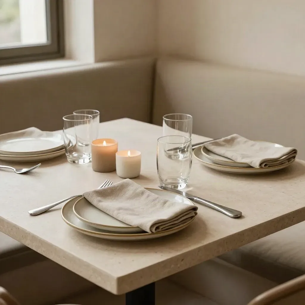 Geckter Taverna-Tisch mit Tellern, Servietten, Gläsern, Besteck und Teelichtern in einer Nische.