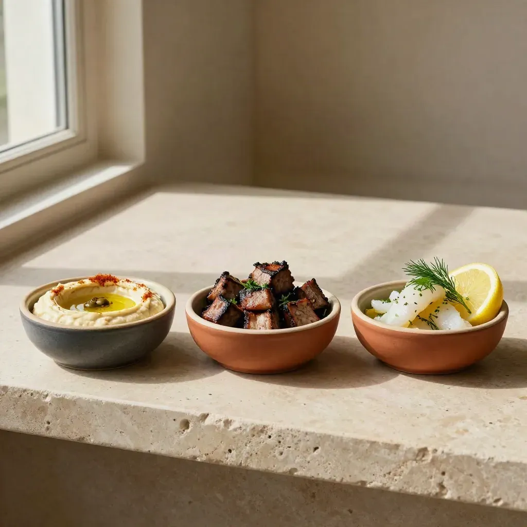 Drei kleine Verkostungsschalen mit Mezze, Grill und Fisch auf hellem Stein.