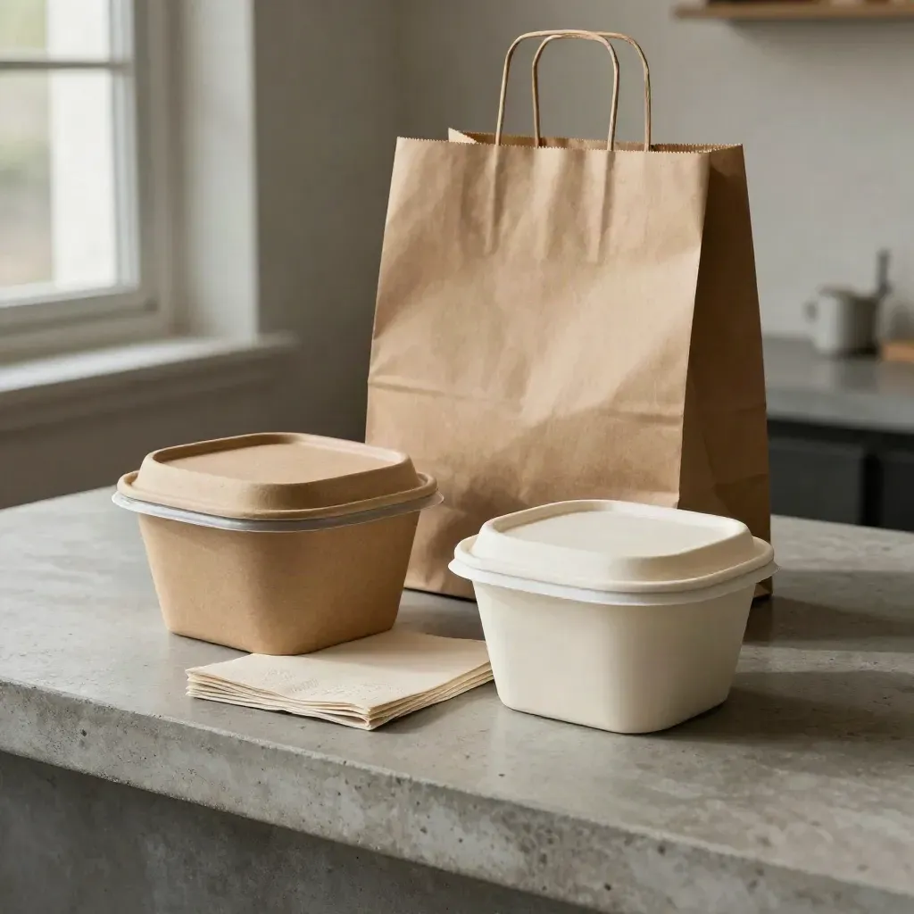 Takeaway-Paket mit Boxen, Papiertüte, Serviette und Saucenbecher auf hellem Tresen.