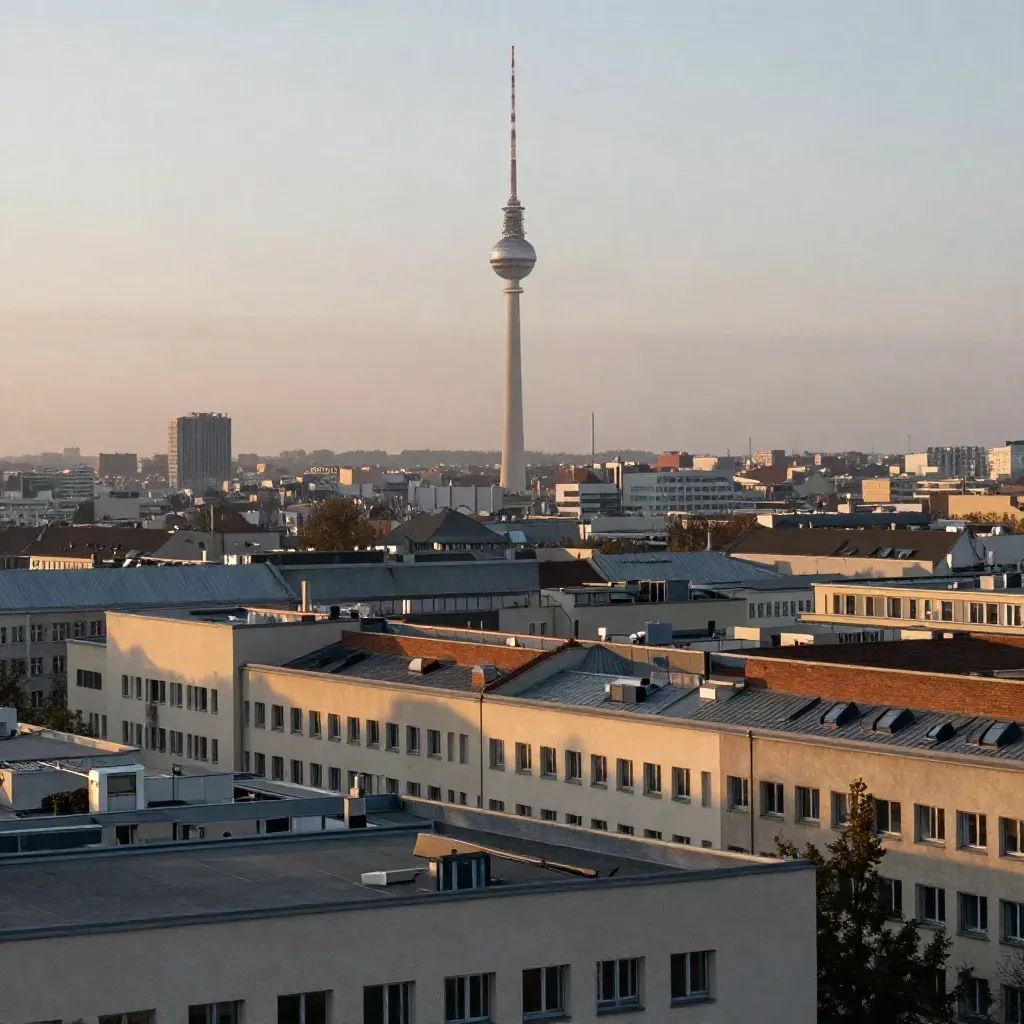 Berliner Skyline mit Fernsehturm im Abendhaze über warmen Altbauten