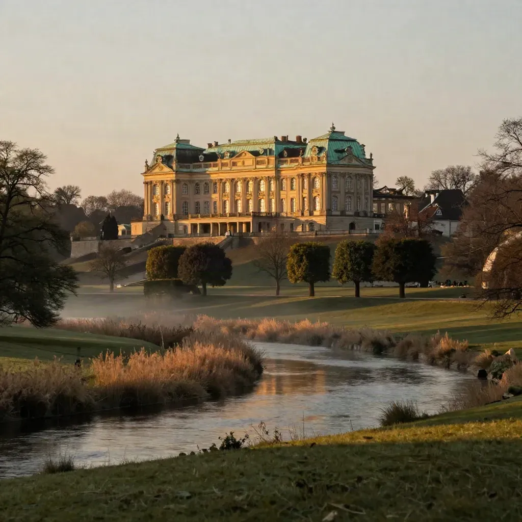 Sanssouci-Dächer über der Havel im goldenen Abendlicht, Nebel und ruhige Fläche für Text.