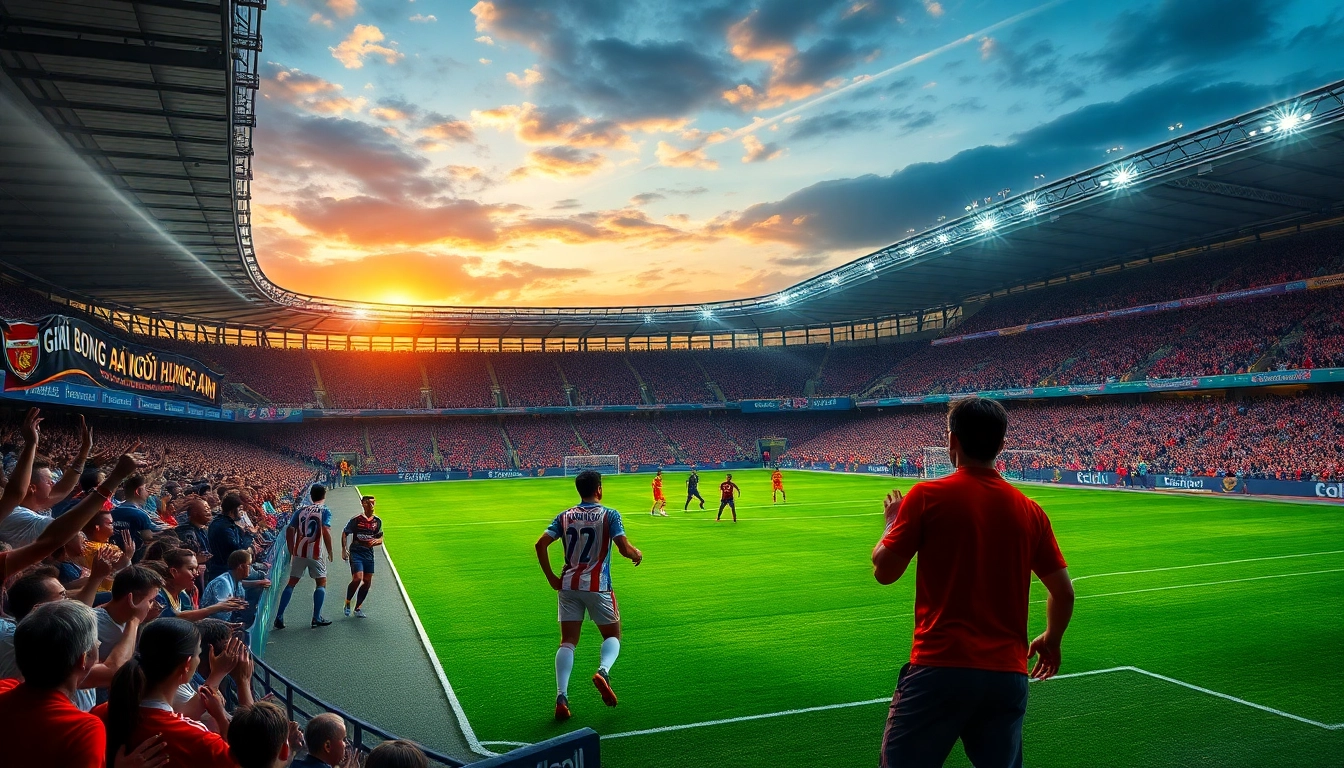 Exciting moment in Giải Bóng đá Ngoại hạng Anh with fans cheering at a packed stadium.
