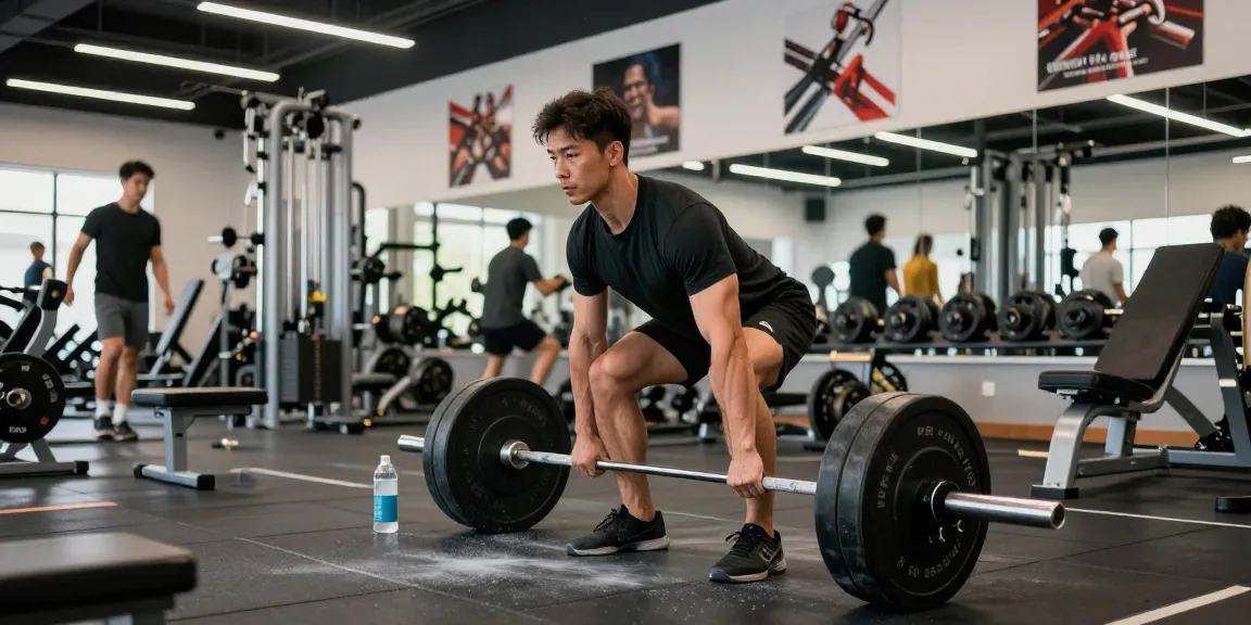 Sportlicher Mann hebt Gewichte im Astera Shop Fitnessstudio, motivierende Atmosphäre, heller Raum.