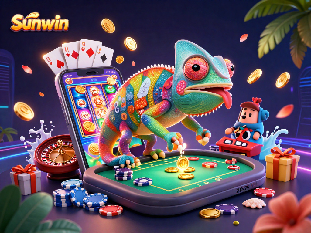 Experience thrilling games at Sunwin with a vibrant chameleon casino owner amidst dynamic slots and poker elements.