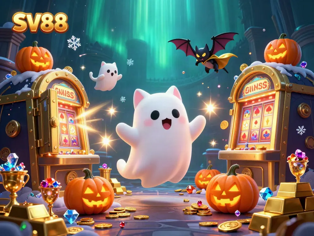 Experience thrilling gameplay at SV88 with a ghost cat and vampire bat in a haunted casino.