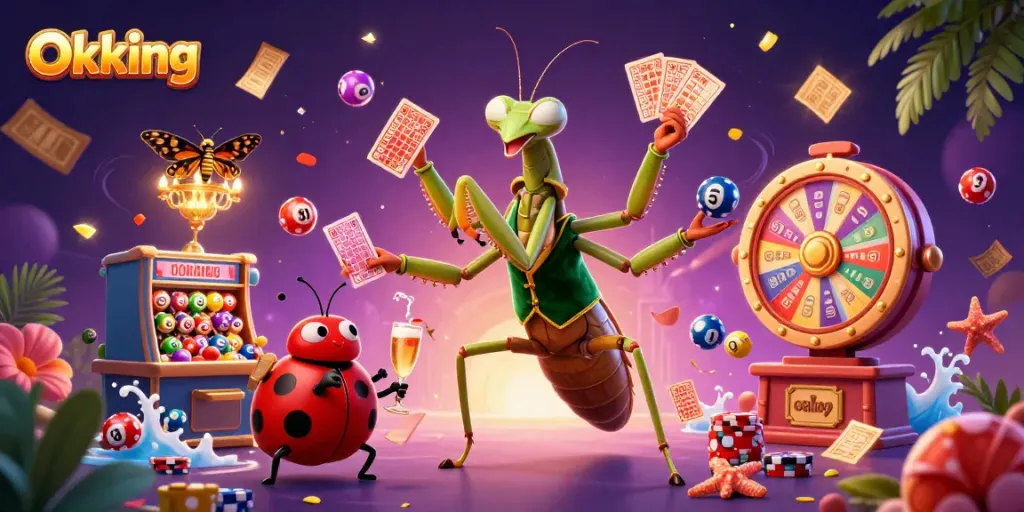Experience thrilling moments at Okking with a vibrant 3D casino illustration featuring a card sharp and pit boss.