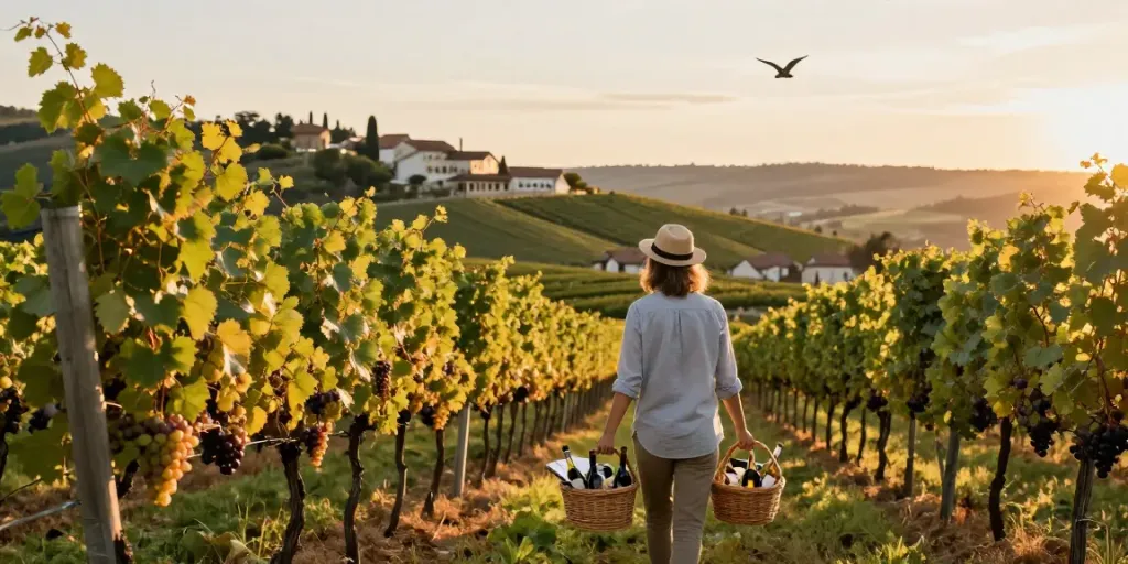 Entdecke Weinregionen mit einem Weinliebhaber, der durch Weinreben spaziert.