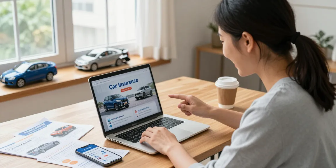 Kfz Versicherung Vergleich am Laptop in einem gemütlichen Arbeitsbereich mit Auto-Modellen im Hintergrund.