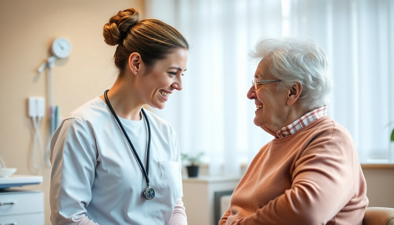 Pflegefachkraft Hameln hilft einem älteren Patienten in einem freundlichen, hellen Raum.