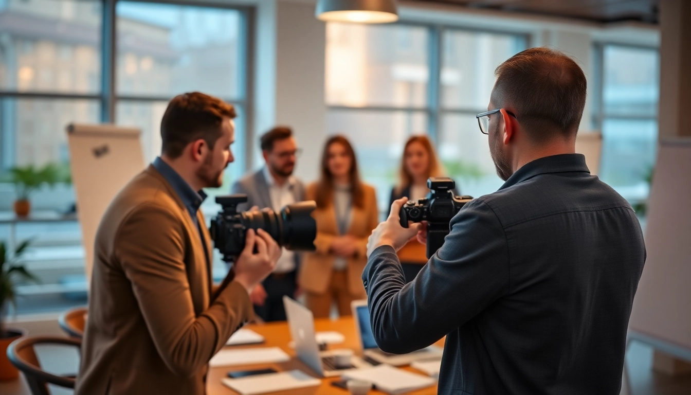 Professioneller Businessfotograf München bei der Aufnahme eines Teams in einem modernen Büro.