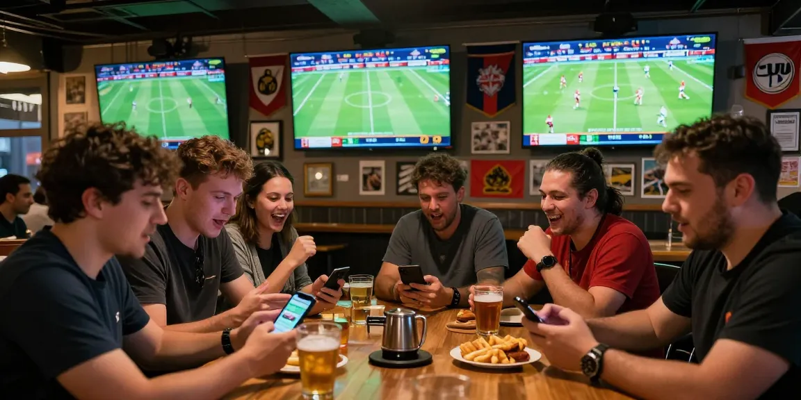 Wetten Fussball in einer lebhaften Sportbar mit Fans, die ein Spiel verfolgen und Wetten platzieren.