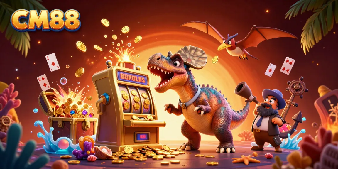 CM88 players celebrating a jackpot win with a slot machine surrounded by flying coins and vibrant casino elements.