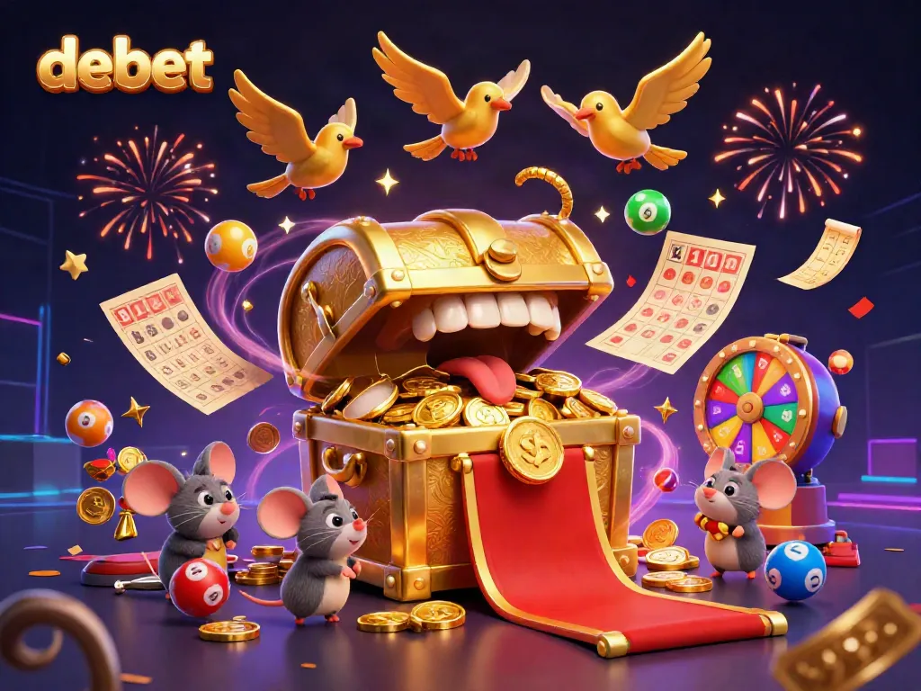 Experience the excitement of debet with a vibrant scene of treasure, lottery games, and celebration.