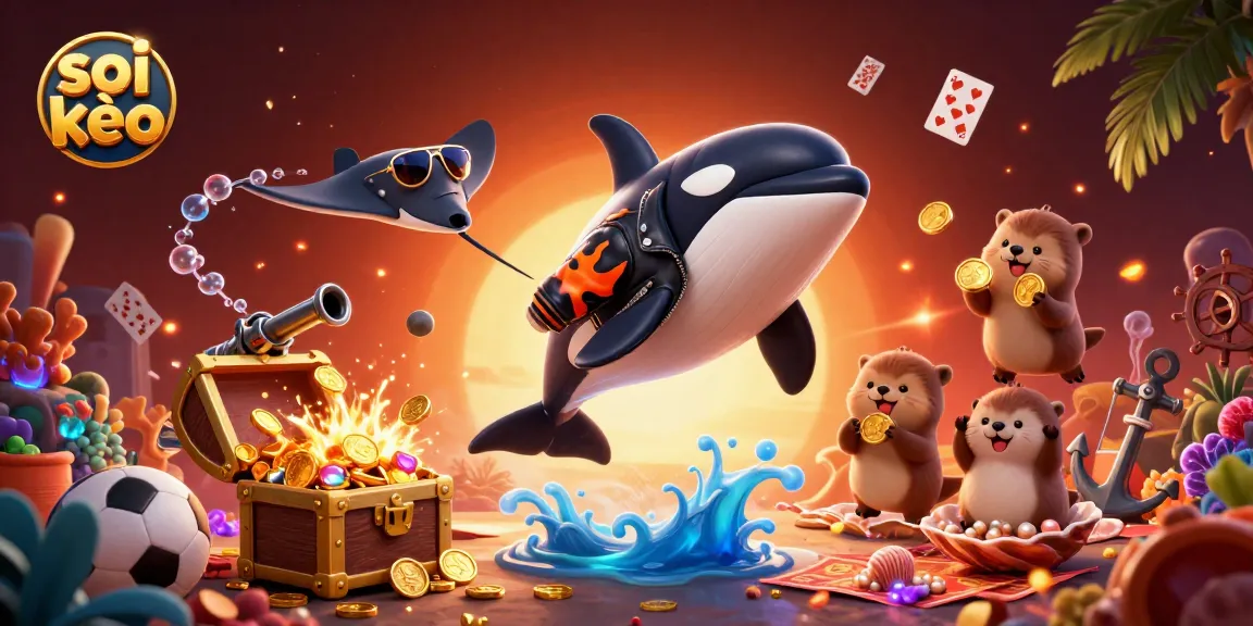 Soi kèo betting scene with an orca whale and otters enjoying a treasure of gold coins