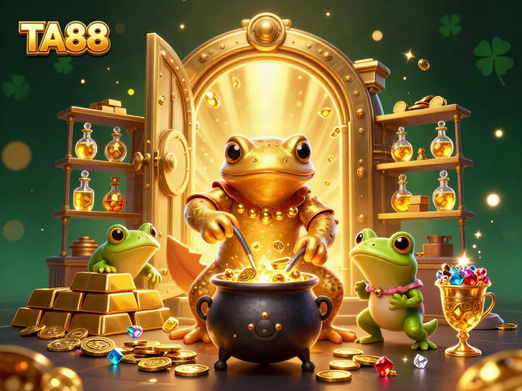 Experience the magic of TA88 as you witness a golden salamander alchemist turning metals into gold coins in a vibrant casino scene.