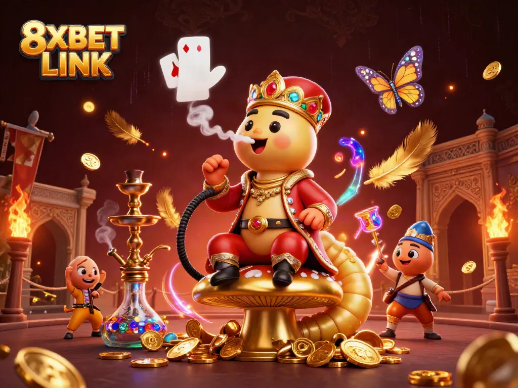 Experience the excitement of online gaming with 8XBET LINK, showcasing vibrant casino illustrations and dynamic scenes.