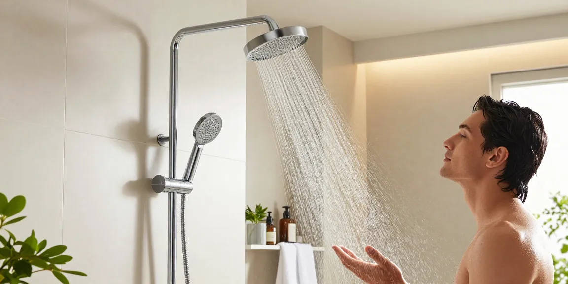 Genieten van een ontspannende douche onder een stijlvolle regendouche stang in een moderne badkameromgeving.