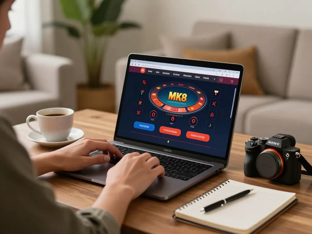 Player engaging on MK8's online gambling platform with strategic notes near a laptop in a cozy home setting.