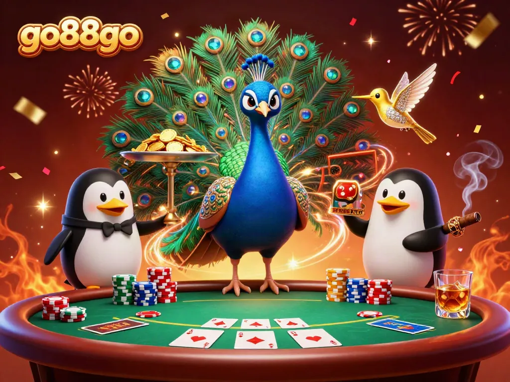 Experience the excitement of go88go in this vibrant casino scene with a peacock and penguin characters.