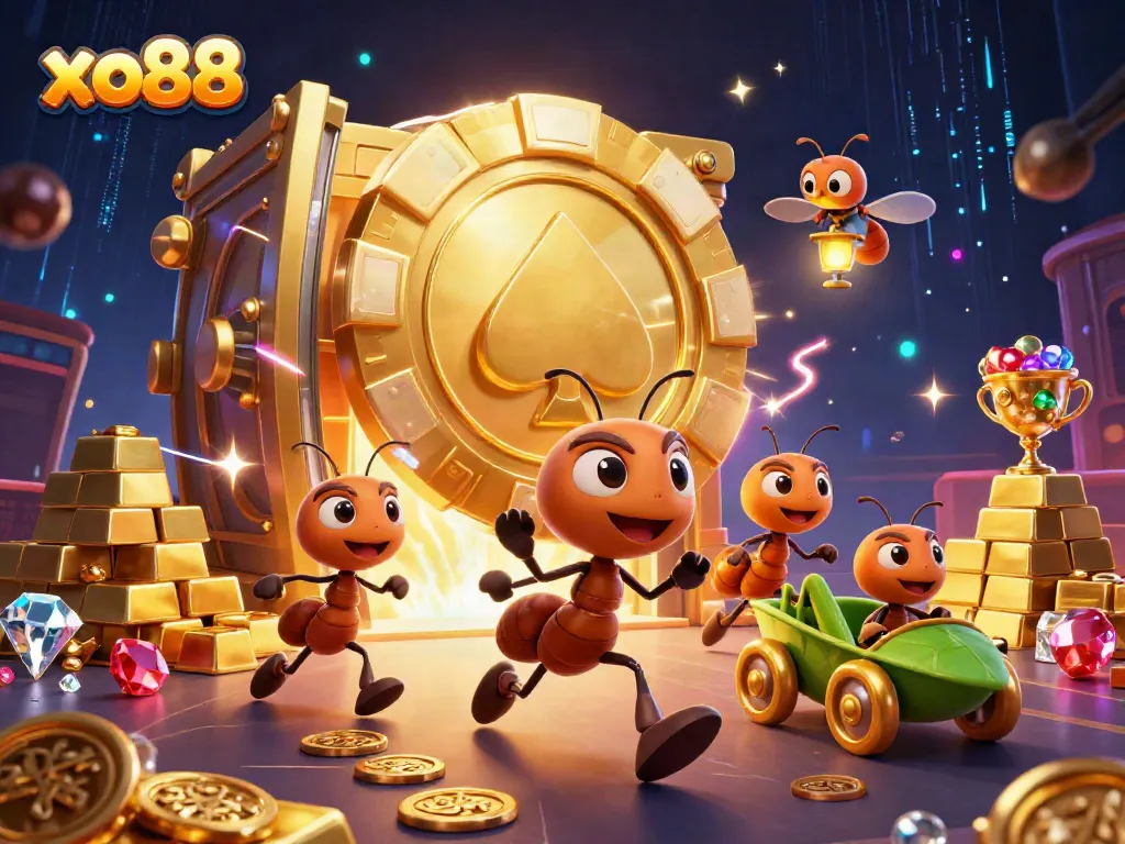 Ants carrying a giant poker chip in a casino-like tunnel illustrating xo88's vibrant gaming experience.