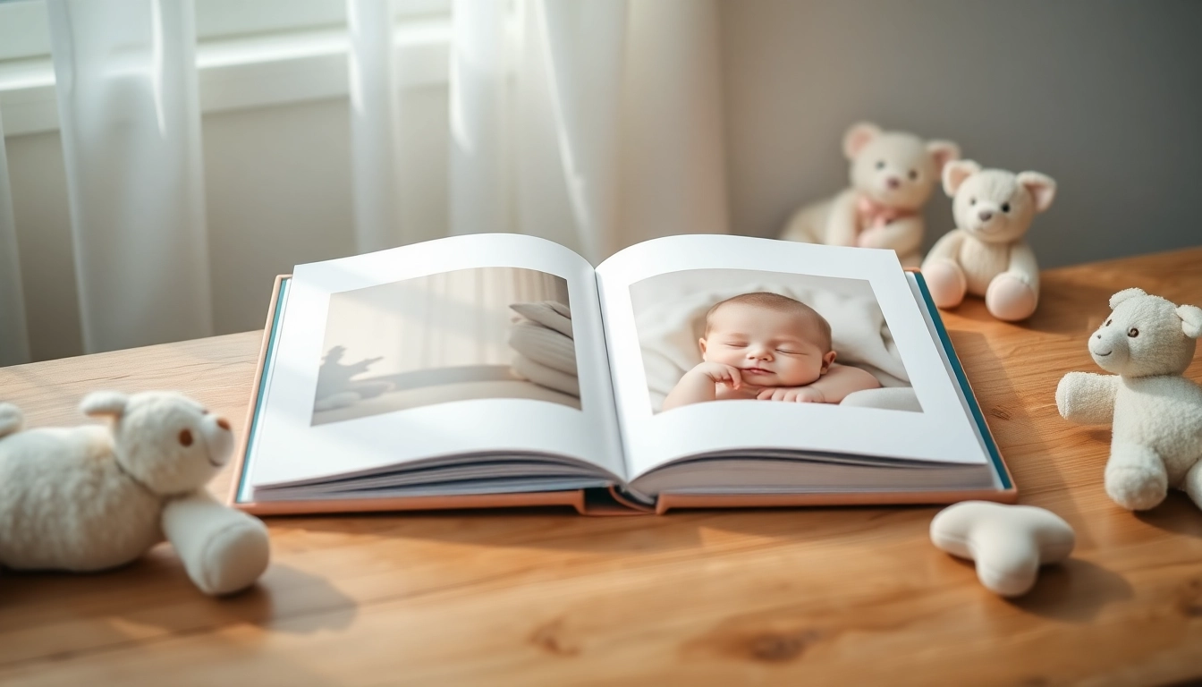Erinnerungen fürs erste Jahr in einem Babyfotoalbum, das liebevoll auf einem Tisch arrangiert ist.