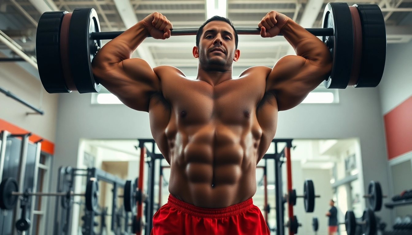 Trenbolon kaufen für Krafttraining: Bodybuilder hebt gewichtiges Gerät in moderner Fitnessumgebung.