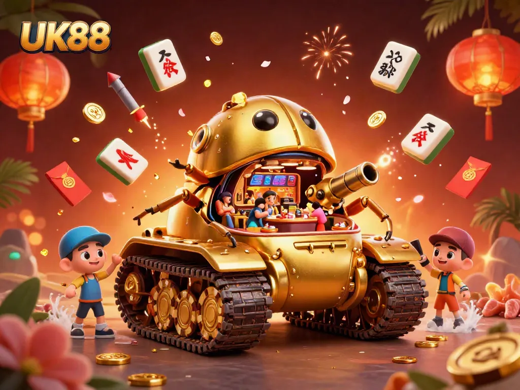 Experience thrills at UK88 with a dynamic 3D casino scene featuring golden elements and festive decorations.