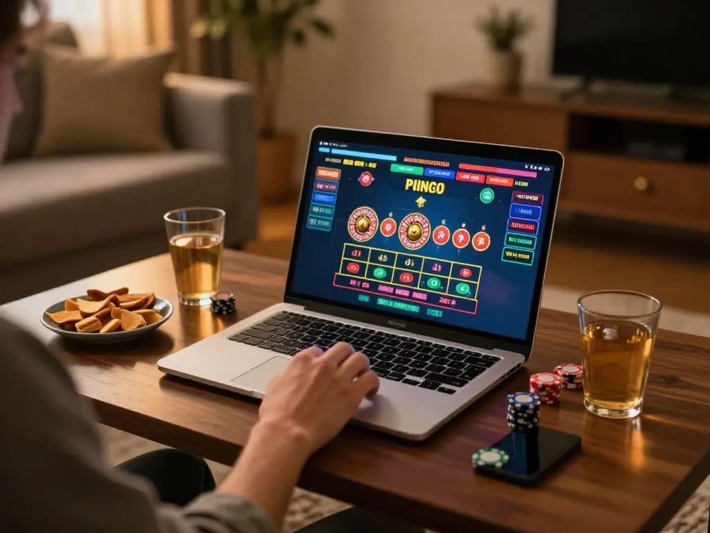 Go99 player preparing to place a bet on a vibrant roulette game during a cozy online casino session.