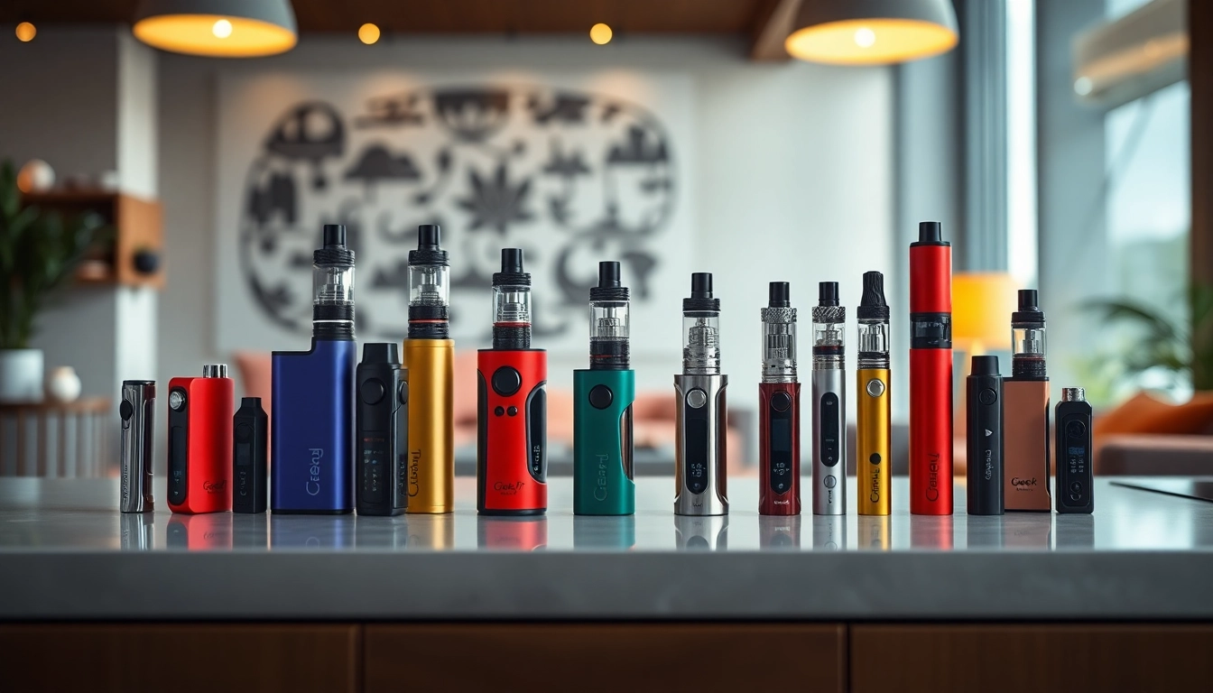 Showcase a vibrant collection of geekthc vape devices in a cozy lounge setting.