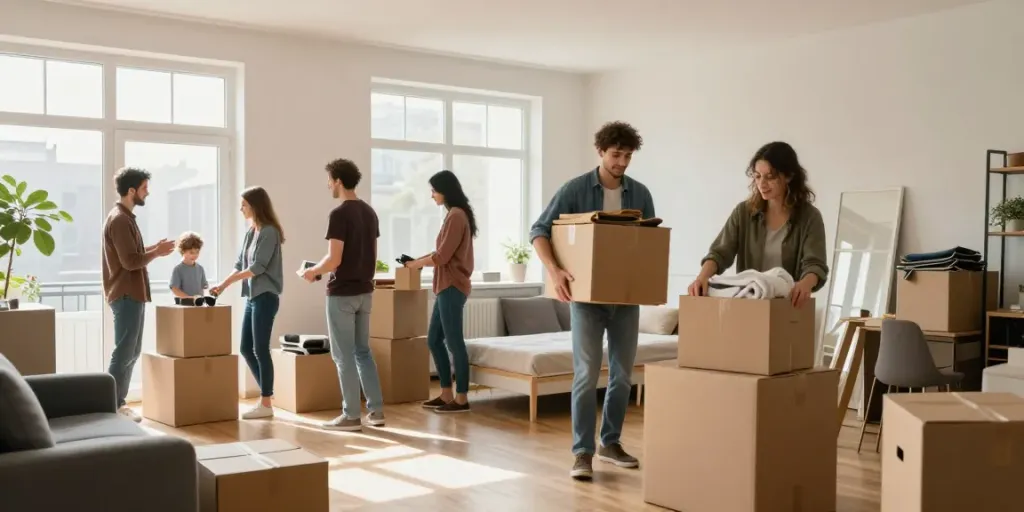 Wohnungsauflösung Berlin Zehlendorf: Team von Fachleuten bei der ordentlichen Wohnungsräumung in einem modernen Apartment.