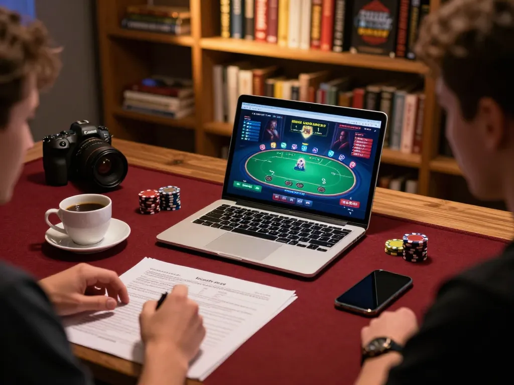 KJC online gambling strategy in a cozy setting with poker game on laptop
