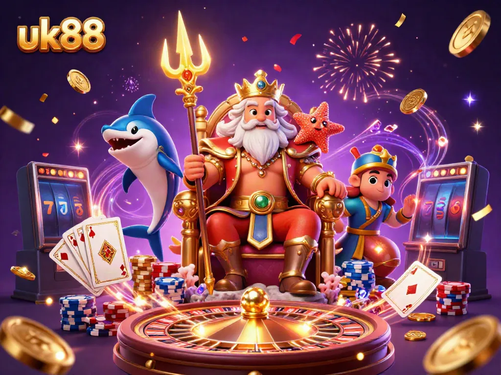 Engage with uk88 in a vibrant undersea casino, featuring Neptune, treasures, and festive atmosphere.