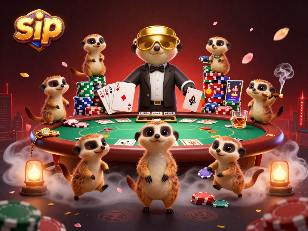 Sip in action at a lively casino with meerkats running a vibrant poker game, full of colorful chips.