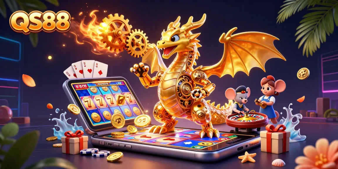 Engaging QS88 casino scene featuring a golden dragon, gaming elements, and vibrant effects.