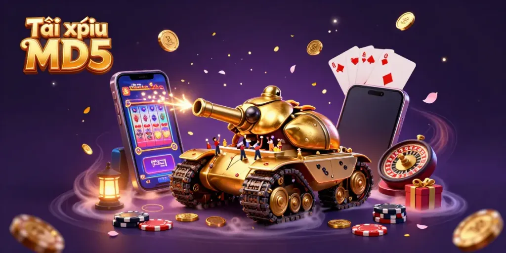 Tài xỉu MD5 interactive gaming scene with a golden beetle tank, vibrant casino elements, and rich details.