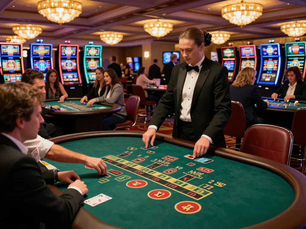 VA88 casino floor bustling with players enjoying games, dynamic atmosphere and vibrant gaming action.
