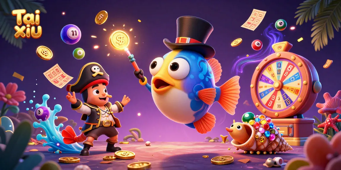 Engage in the thrilling game of Tai xiu with rich visuals of an anglerfish, shrimp, and sea snail surrounded by gaming elements.