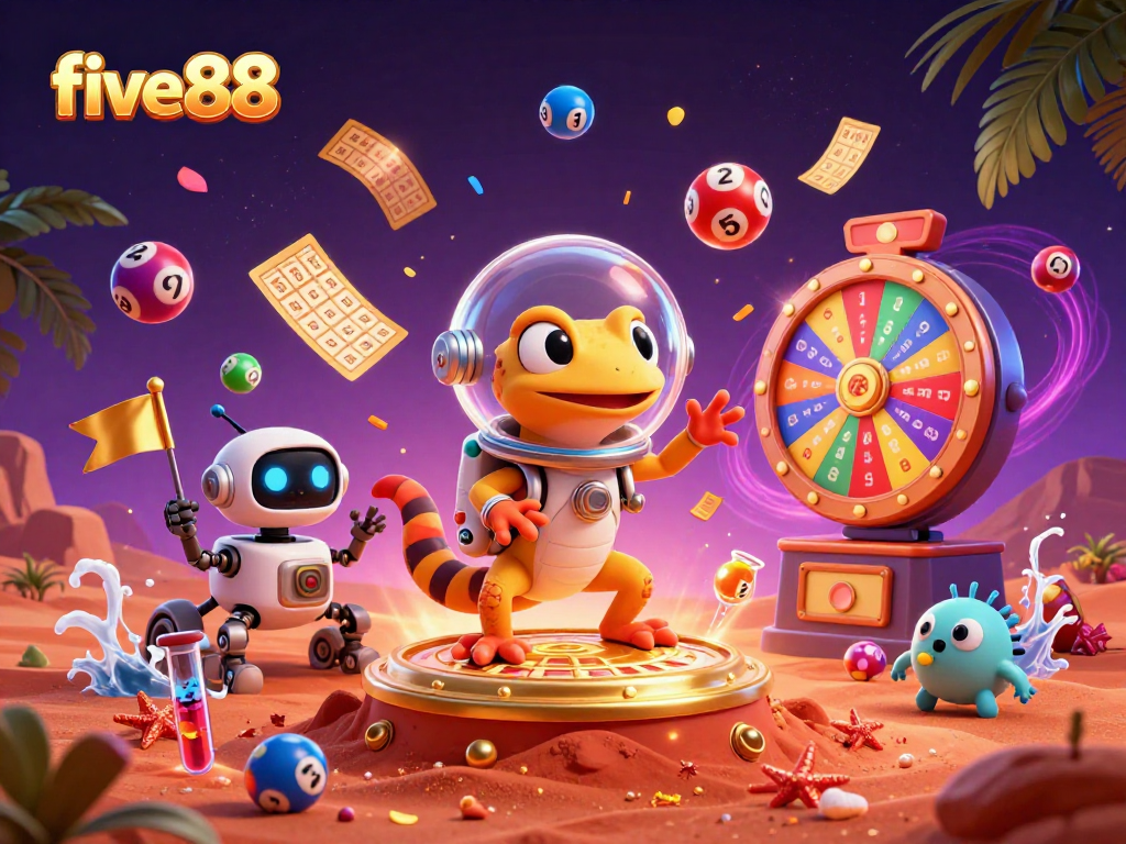 Experience the excitement of five88 with a Martian gecko discovering a golden casino amid lottery thrills.